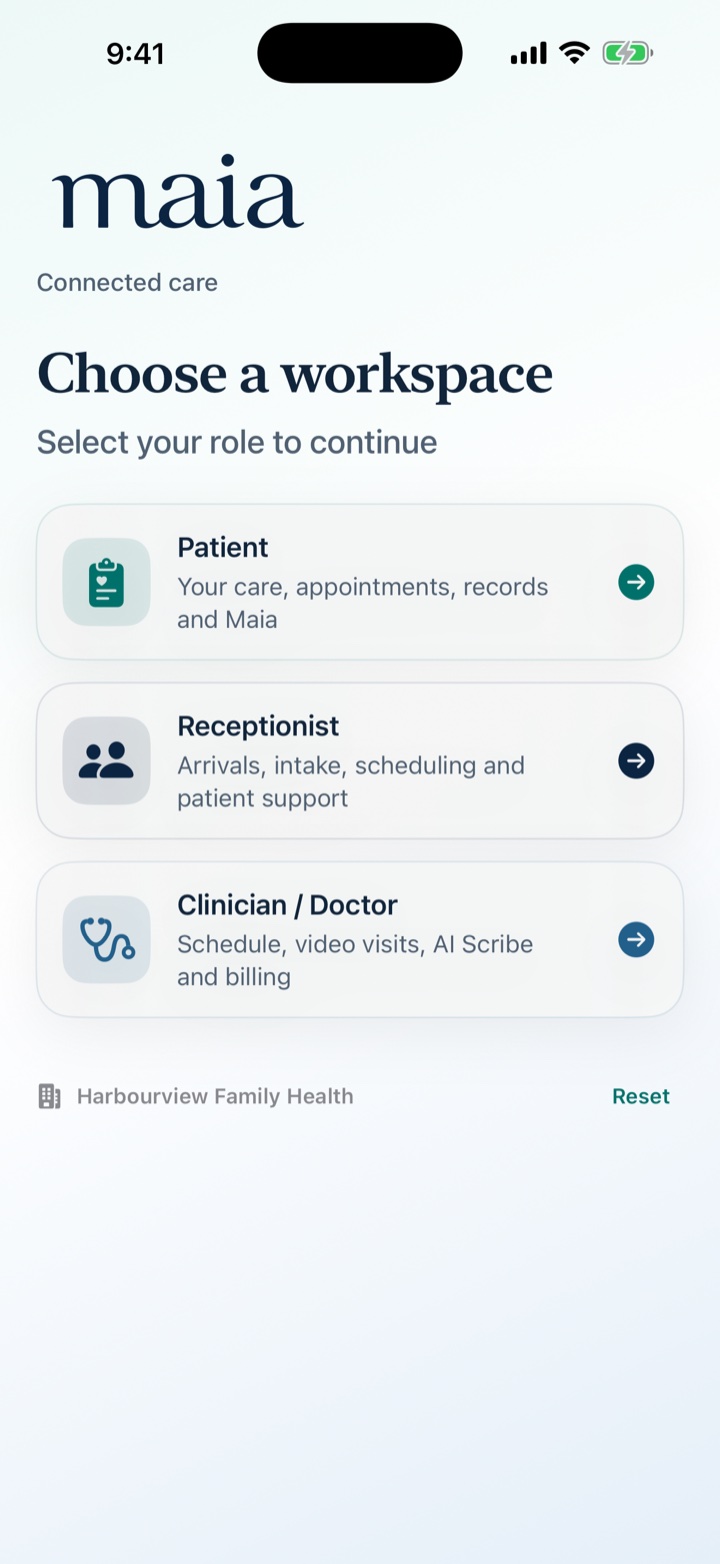 Current Maia build: workspace sign-in listing Patient, Receptionist, and Clinician / Doctor roles